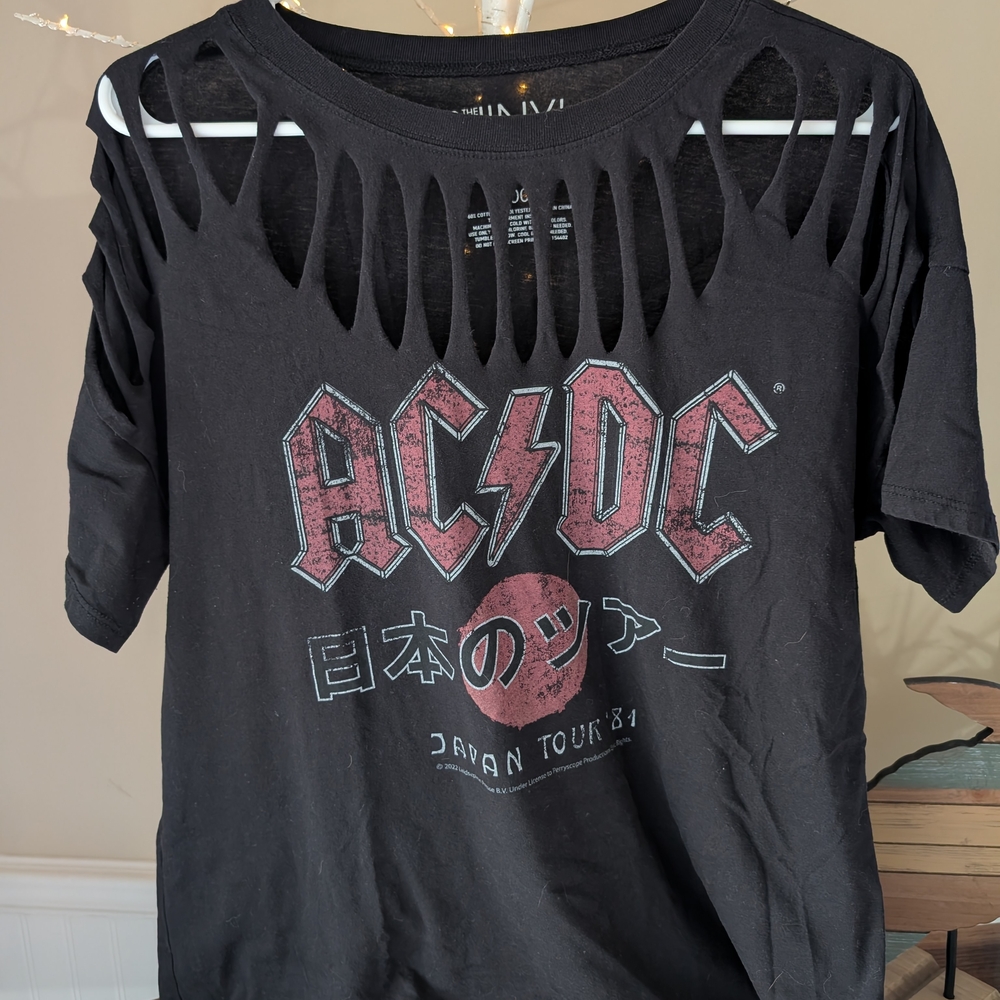 AC/DC Black Graphic Tour Tee with Distressed Cutouts